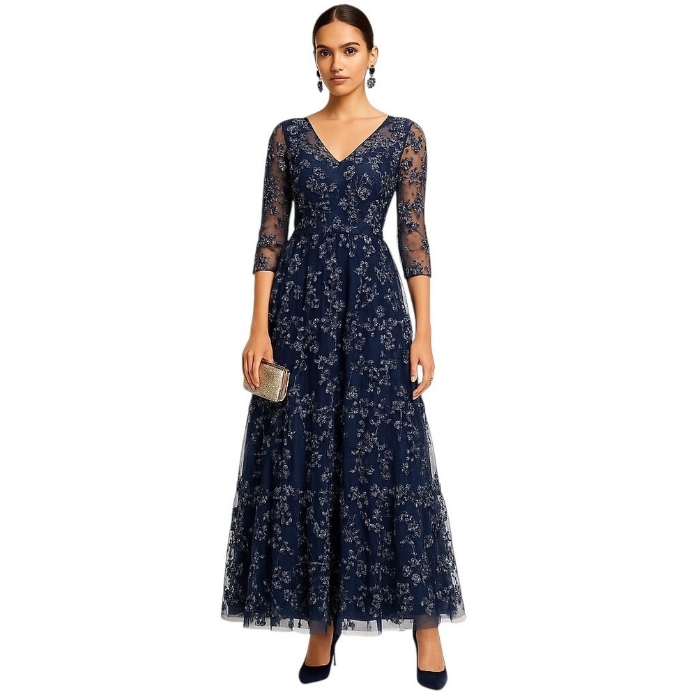 Carmen Marc Valvo Infusion Blue Embroidered‎ Tulle Gown Sequins Wedding Regency